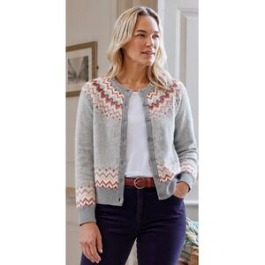 WoolOvers 100% Lambswool Fair Isle Cardigan Women's M Gray Holiday